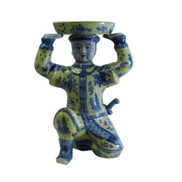 Ceramic Oriental Vintage Ceramic Yellow Blue Flower Man Holding Dish Figure For Sale - Image 7 of 7