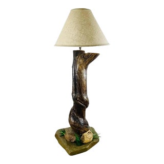 Organic Modern Rustic Tree Trunk Shaped Table Lamp on a Stone Base For Sale