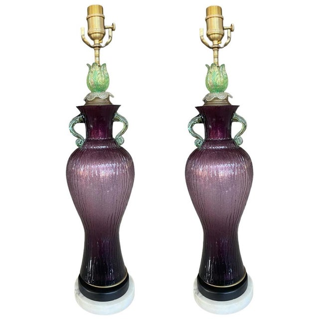 Italian Amethyst Art Glass Table Lamps, 1960s, Set of 2 For Sale - Image 6 of 6