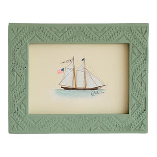 Original Hand-Painted Sailboat Painting in a Vintage Hand-Painted Folk Frame For Sale