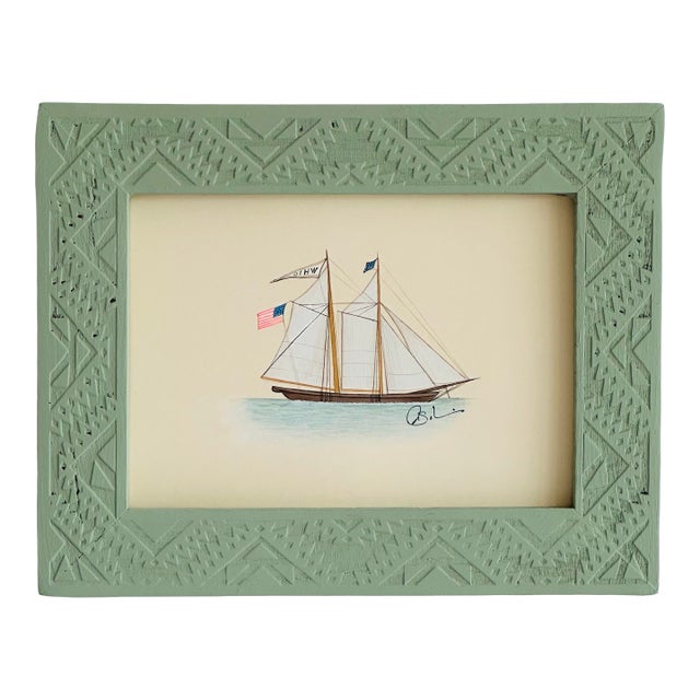 Original Hand-Painted Sailboat Painting in a Vintage Hand-Painted Folk Frame For Sale