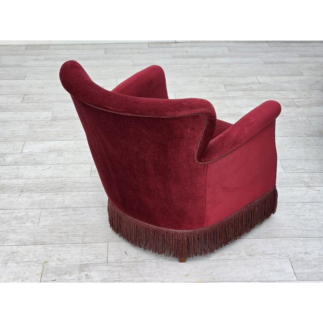 Vintage Danish Lounge Chair in Cherry-Red Furniture Velour and Oak, 1960s For Sale - Image 16 of 18