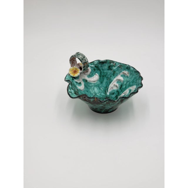Vintage Hand-Crafted Italian Teal Pottery Basket/Bowl With Yellow Flowers For Sale - Image 9 of 10