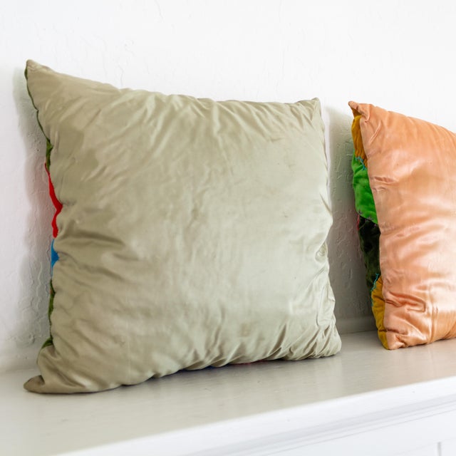 Velvet Crazy Quilt Multi Colored Patchwork Accent Pillows | Pair of Two For Sale - Image 12 of 12