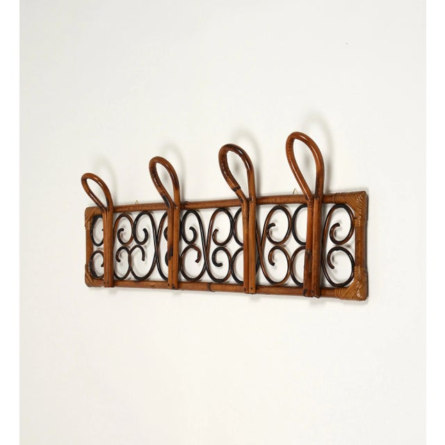 Mid-Century Italian Rattan and Bamboo Wall Coat Rack Stand, 1960s For Sale - Image 6 of 10