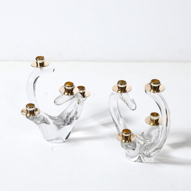 Pair of Mid-Century Amorphic Crystal & Brass 4 Arm Candelabras Signed Schneider For Sale - Image 11 of 15
