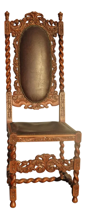 Vintage Spanish Style Barley Twist Carved Throne Chair W Leather & Decorative Nails