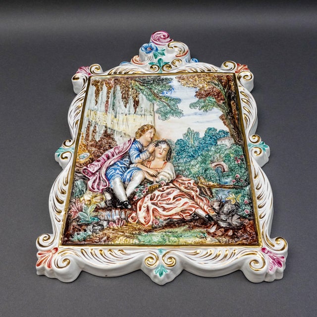 Mid 20th Century Capodimonte Italy Vintage Romantic Couple Relief Porcelain Wall Plaque For Sale - Image 5 of 8