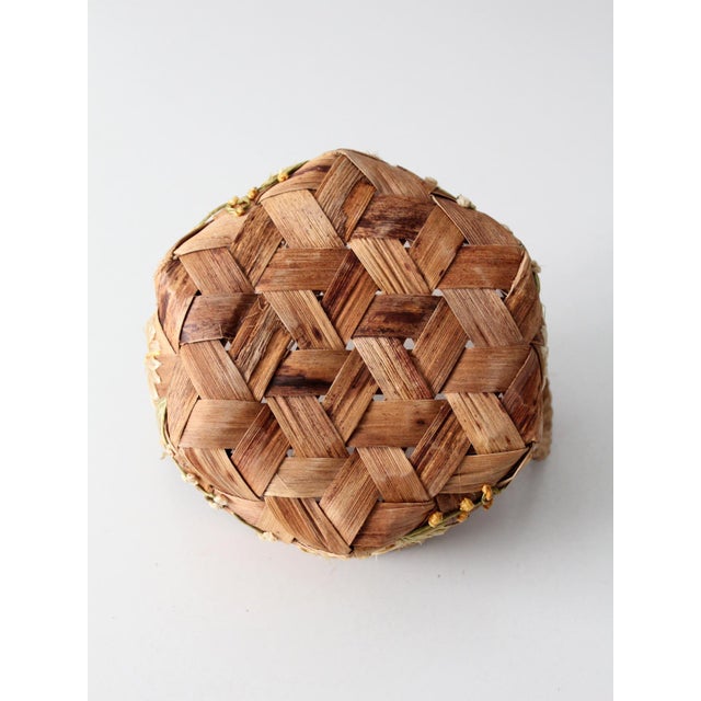 Vintage Handmade Floral Raffia Basket With Braided Handles For Sale - Image 13 of 13