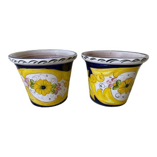 Vintage Italian Tuscan Hand-Painted Terracotta Glazed Planters – A Pair For Sale