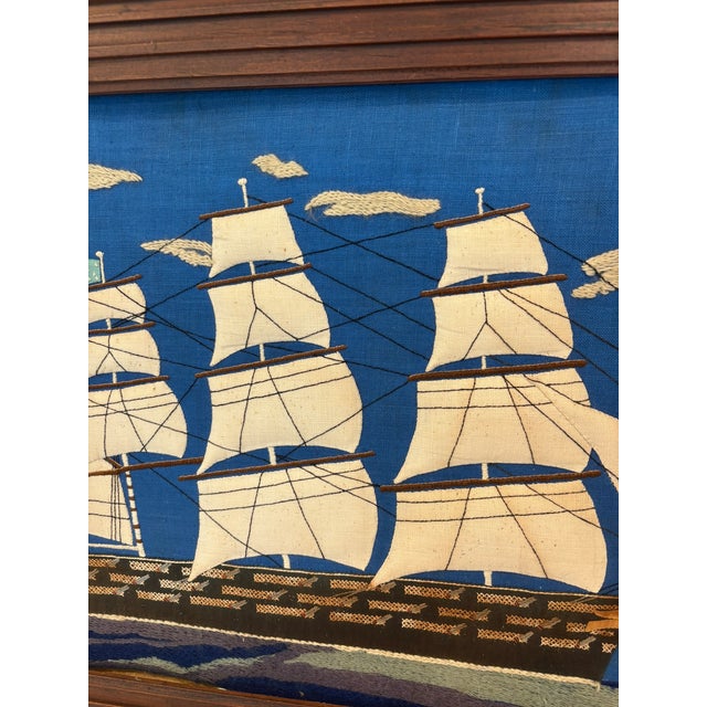 Wood Vintage Nautical Woolwork Clipper Ship Needlework in Solid Wood Frame For Sale - Image 7 of 15