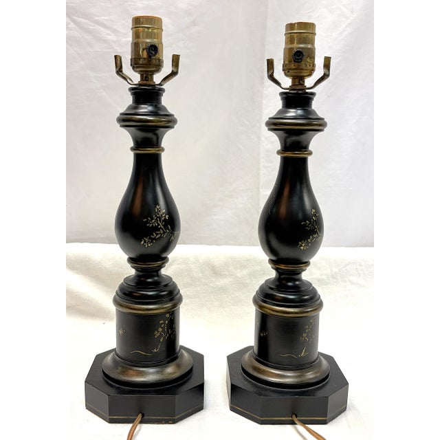 Wood Vintage Wood Table Lamps With Gold Painted Chinoiserie Designs- A Pair For Sale - Image 7 of 15