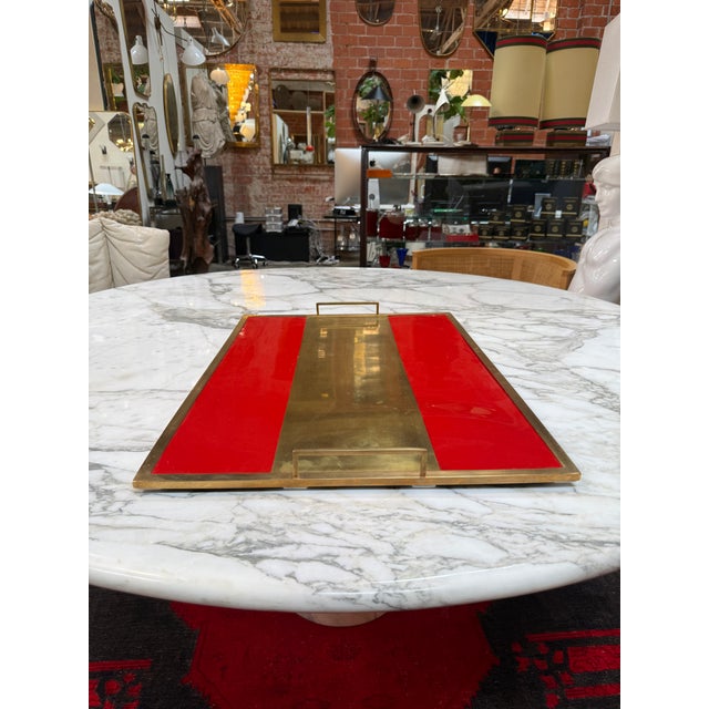 Paint Vintage Red Lacquer & Brass Serving Tray With Handle For Sale - Image 7 of 7