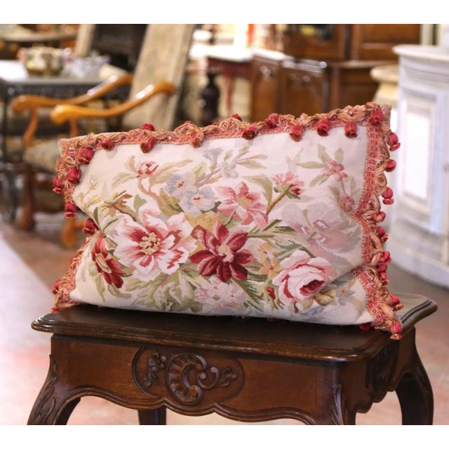 French Pair of French Aubusson Floral Tapestry Pillows With Tassel Trim For Sale - Image 3 of 8