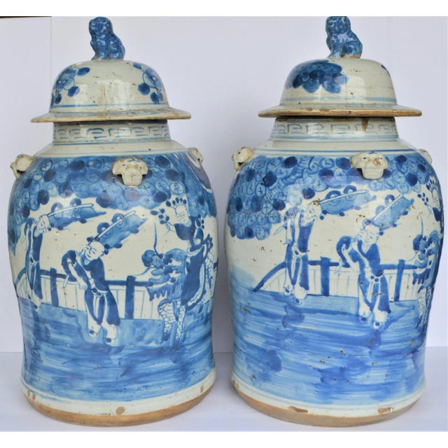 Vintage Chinoiserie White & Blue Children & Qulin Ginger Jar - a Pair For Sale - Image 9 of 9