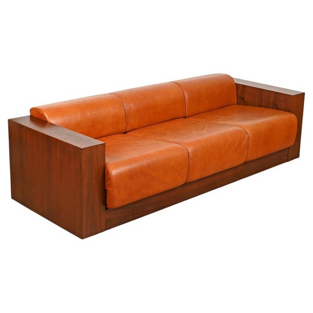 Vintage Italian Wood and Cognac Leather Sofa, Italy, 1970s For Sale - Image 15 of 15