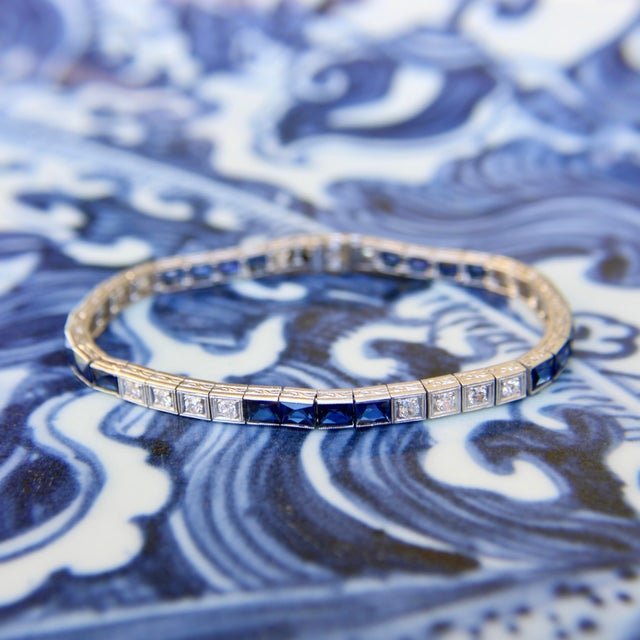 Art Deco Diamond and Sapphire Platinum Line Bracelet For Sale - Image 10 of 10
