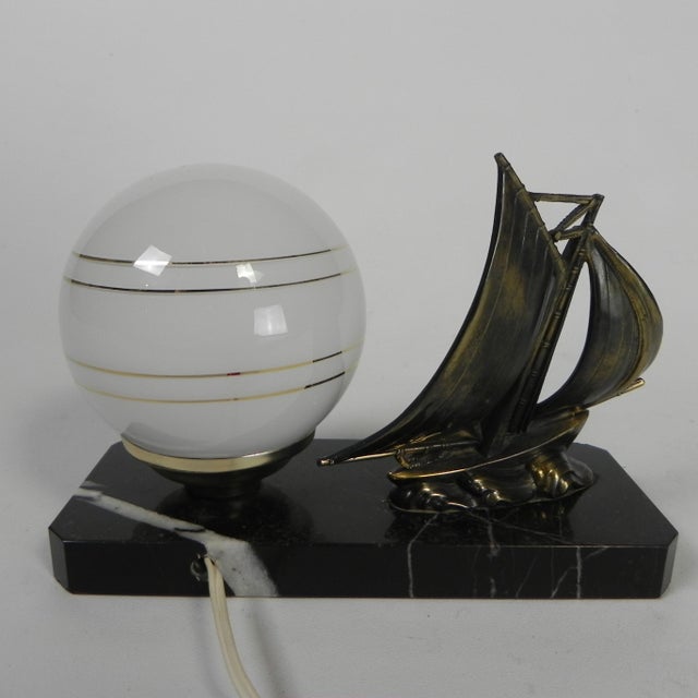 Art Deco Desk Lamp with Sailboat and Globe on Marble Base, 1930s For Sale - Image 3 of 16