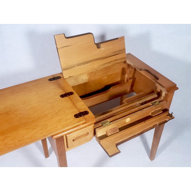 Vintage Original Mid-Century Modern All Wood Maple Finish Sewing Machine Cabinet With Flip-Down Top & Pull Out Drawer For Sale - Image 10 of 14