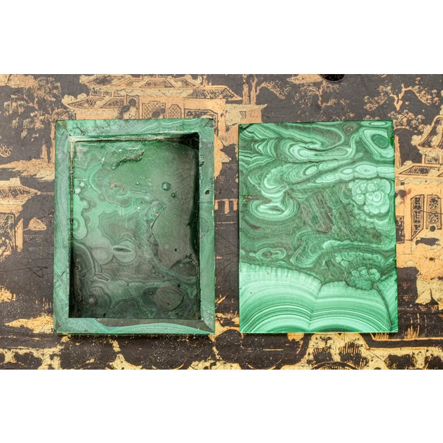 Gemstone Striking Pattern Hand Polished Antique Malachite Stone Jewelry Trinket Box For Sale - Image 7 of 12