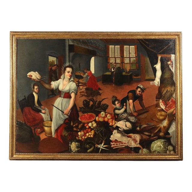 Flemish Artist, Interior Kitchen Scene, Large Oil on Canvas, Framed For Sale