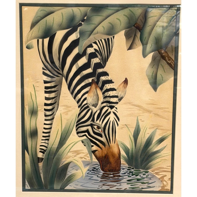 Pair of Art Deco Zebra Watercolor Gouaches by Shirrell Graves in Verde Frames For Sale - Image 4 of 16
