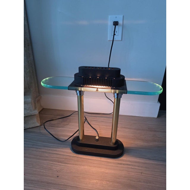Vintage Robert Sonneman Desk Lamp Dimmable Postmodern Table Lamp Glass Shelf Brass Columns 1980s Memphis Style Lighting For Sale - Image 6 of 14