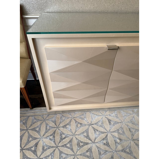 2000 - 2009 Pair of Contemporary Champagne Lacquered Buffets With Faceted Doors and Tempered Glass Tops For Sale - Image 5 of 9