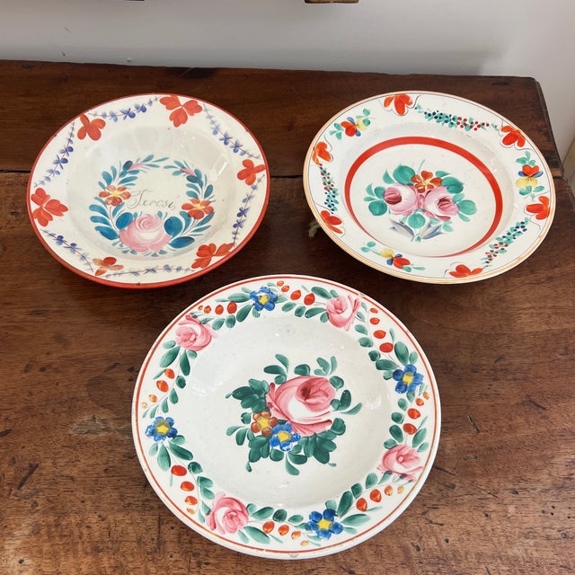 Folk Art Antique Hungarian Folk Art Pottery Plates - Set of 3 For Sale - Image 3 of 9