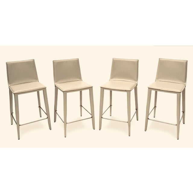 Set of 4 Italian Frag Leather Counter Stools – Handcrafted Ivory Saddle Leather, Minimalist Modern Design For Sale In Los Angeles - Image 6 of 10