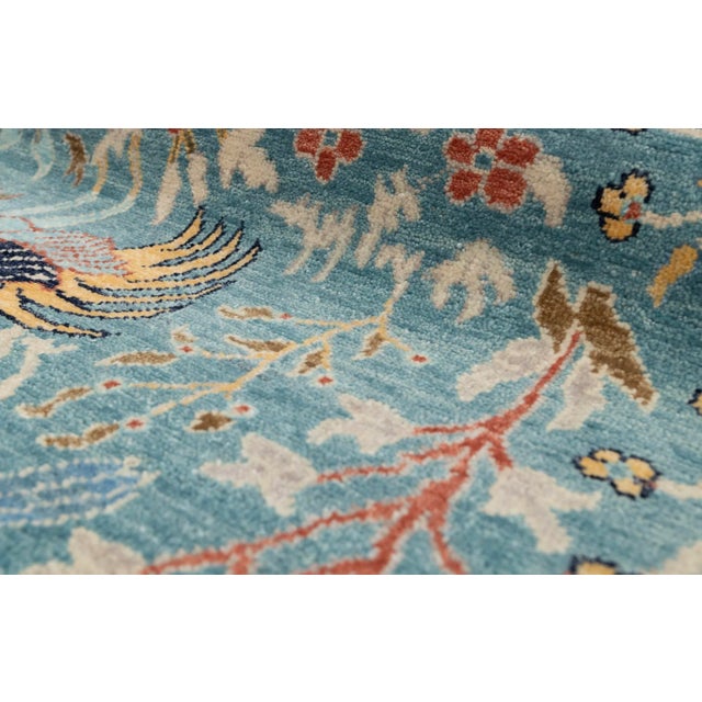 Blue Peacock Birds Garden Scene Soft Hand Knotted Hand Spun Wool Rug 6x9Ft. For Sale - Image 15 of 18
