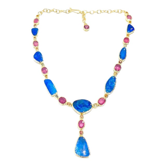 Bochic "Capri" Blue Opal, Ruby & Sapphire Necklace Set in 22k Gold & Silver For Sale