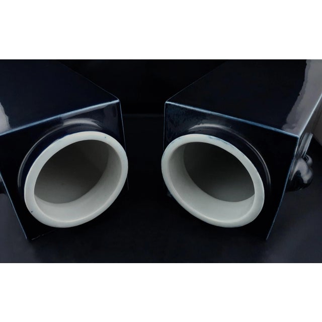 Republic of China Period Matched Pair of Chinese Porcelain, Midnight Blue, Cong Vases For Sale - Image 4 of 8
