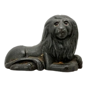 Unusual Antique English Victorian Cast Iron Resting Lion Doorstop With Glass Eyes. Late 19th Century