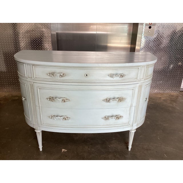 Wood Stunning Louis XVI-style Blue Demi-Lune Painted Dresser For Sale - Image 7 of 9