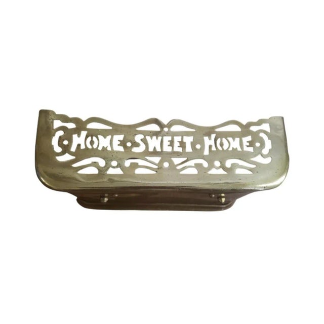 1920s "Home Sweet Home" Solid Brass Fireplace Fender and Fireplace Dogs Set- 3 Pieces For Sale - Image 4 of 11