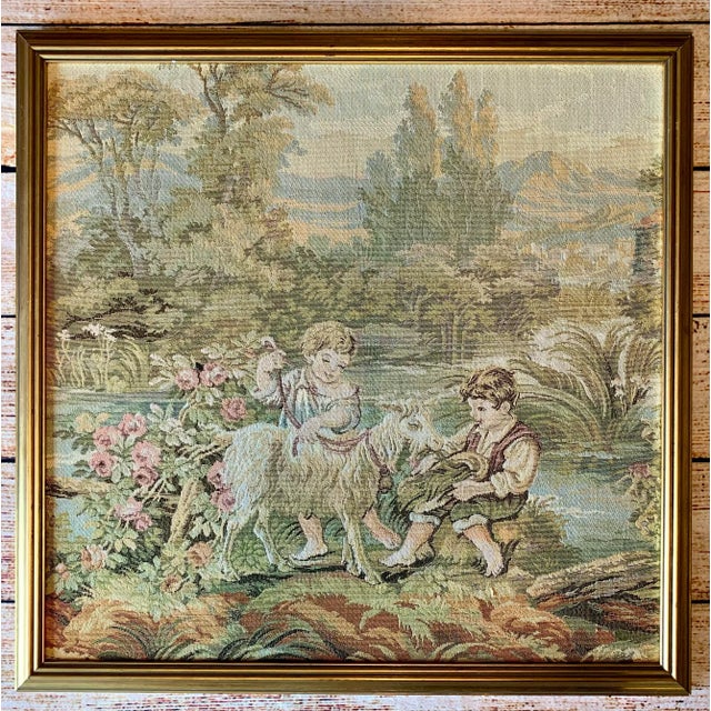 Beige “Children’s Theme” French Country Tapestry - Framed For Sale - Image 8 of 9