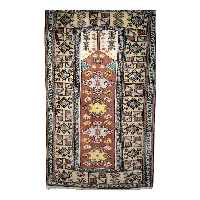 Vintage Turkish Area Rug, Handwoven Tribal Wool, Prayer Design, 1930s, 4' x 7' For Sale