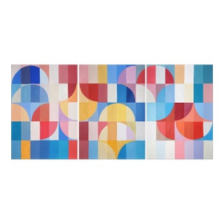 2025, Abstract Geometric Bauhaus Large Triptych of Vivid Blossoming Arcs, Acrylic Paint on Watercolor Paper by Natalia Roman For Sale