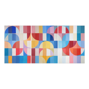 2025, Abstract Geometric Bauhaus Large Triptych of Vivid Blossoming Arcs, Acrylic Paint on Watercolor Paper by Natalia Roman