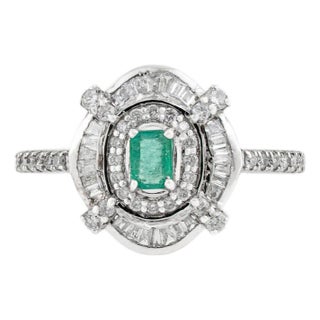 Art Deco Emerald & Baguette Diamonds Target Halo Ring in 14k White Gold Size 6.5 For Sale