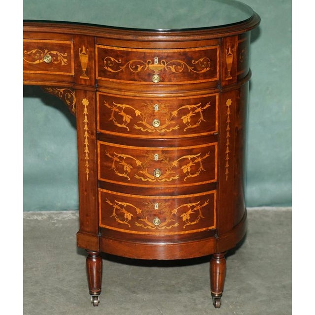 Gold Victorian Marquetry Inlaid Hardwood Kidney Library Desk For Sale - Image 8 of 18