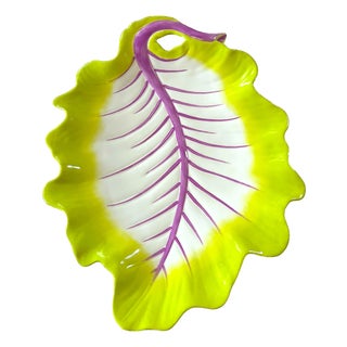 Vintage Williamsburg Global Views Majolica Radicchio-Inspired Cabbage Leaf Platter in Chartreuse & Violet For Sale