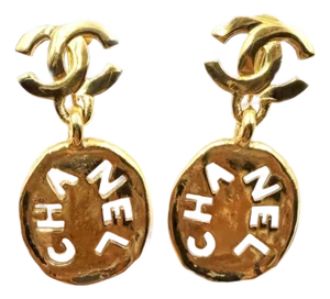 Chanel Vintage Gold Plated CC Cut Out Dog Tag Clip on Earrings, A Pair