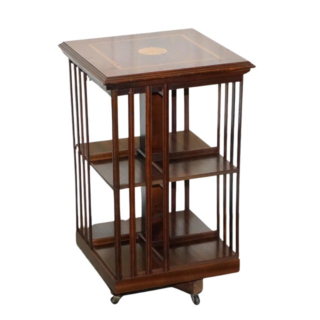 Mid-Centry Sheraton Revival Inlaid Revolving Bookcase End Table on Castors For Sale