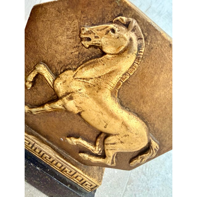 Rare 1930’s Italian Regency Equestrian Bookends by Borghese With Horse & Greek-Key Design in Gold Gilt on a Black Faux Granite Base- A Pair For Sale - Image 10 of 12