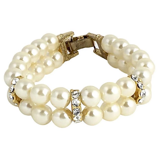 Modern Faux Pearl Rhinestone Double Stand Bracelet For Sale - Image 3 of 11
