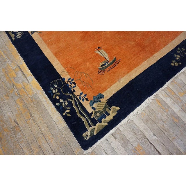 1920s Orange Medallion Scene Antique Chinese Art Deco Carpet 6 'X 8'6" Knotted Wool Rug For Sale - Image 13 of 15