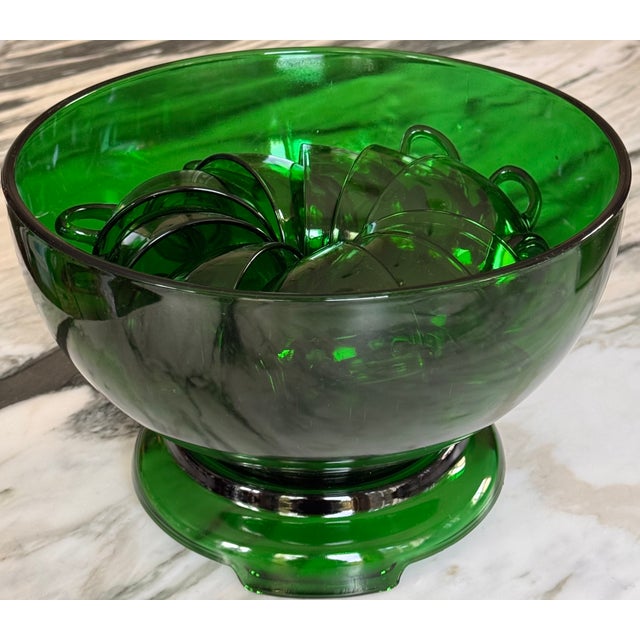 Mid 20th Century Mid-Century Anchor Hocking Hunter Green Glass Cache Pot or Punch Bowl Set - 12 Pieces For Sale - Image 5 of 18