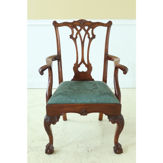 C.1997 Mahogany Fine Carved Details High Quality Construction 18 C. Design Chippendale Style Green Damask Upholstered...
